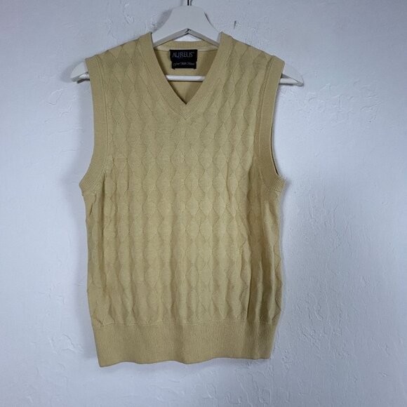 Aureus Mens Silk Blend Cable Knit V-Neck Sweater Vest Medium Pullover Yellow - Picture 1 of 8